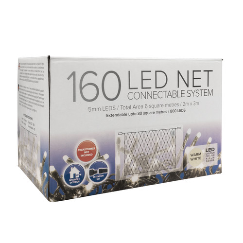 LED Net Lights Connectable, 160 Lights, 3m x 2m, Indoor/Outdoor, Power Pack Required 3000K Warm White Green Cable