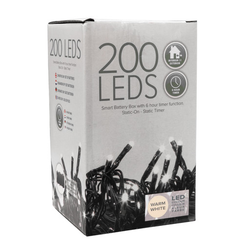 LED Smart Battery 6hr Timer String Fairy Lights 20m, 200 5mm lights Indoor/Outdoor, 31V Warm White Green Cable