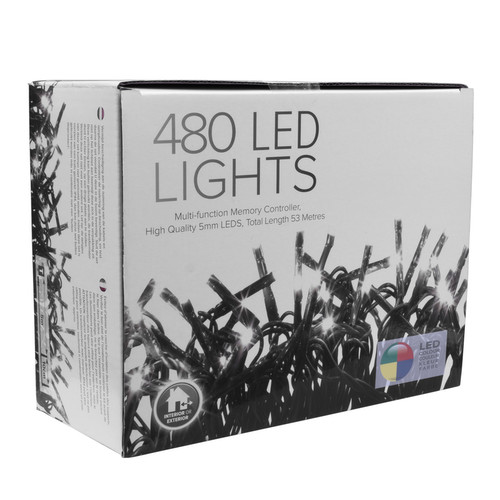 LED Twinkle String Fairy Lights with Controller 48m, 480 5mm Lights, Indoor/Outdoor, 31V Multi Colour Green Cable