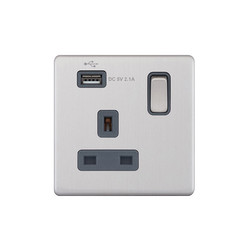 Wall Socket USB-A Screwless 1 gang 13 amp switched socket outlet Brushed Stainless