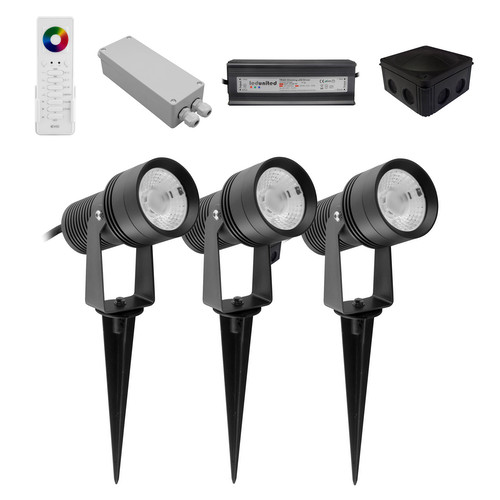 RGBW Garden Spike Spotlight 3000K Kit 3 x 12W RGB + 3000K Warm White Black
