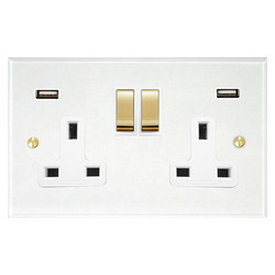 Prism Wall Socket with USB-A+A Chargers 2 gang 13 amp switch socket outlet Clear Perspex / Polished Brass