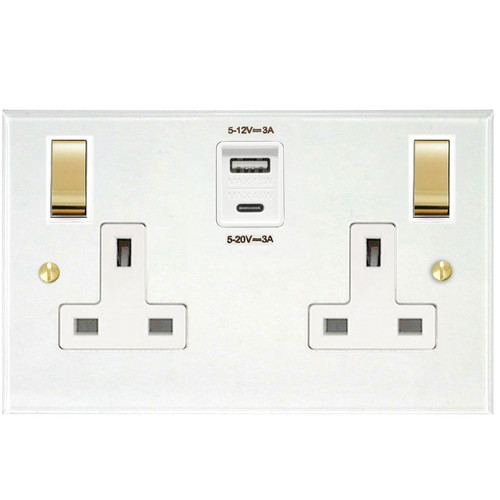 Prism Wall Socket with USB-A+A Chargers 2 gang 13 amp switch socket outlet Clear Perspex / Polished Brass