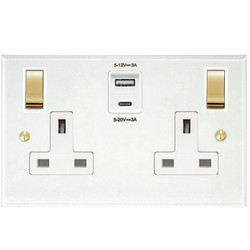 Prism Wall Socket with USB-A+C Chargers 2 gang 13 amp switch socket outlet Clear Perspex / Polished Brass