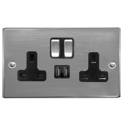Wall Socket Switch with USB-A+A Charger 2 gang 13 amp Polished Stainless