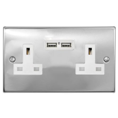 Wall Socket Unswitched with USB-A+A Charger 2 gang 13 double socket outlet with USB Polished Stainless