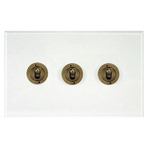 Prism Dolly Switch 3 gang 20 amp 2 way Antique Brass / Clear Perspex