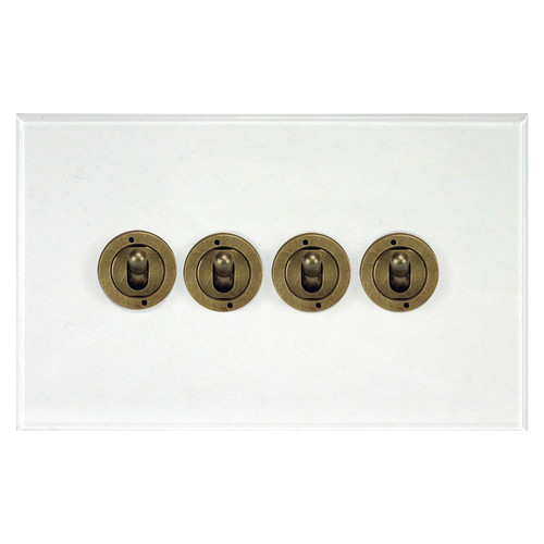 Prism Dolly Switch 4 gang 20 amp 2 way Antique Brass / Clear Perspex