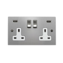 Wall Socket Switch with USB-A+A Charger 13 amp switched socket Satin Aluminium