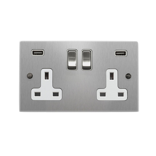Wall Socket Switch with USB-A+A Charger 13 amp switched socket Satin Aluminium