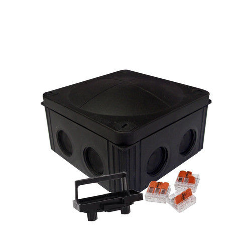Waterproof Junction Box M20 with Terminal Block and 3 x WAGO 221-413 (85x85x51mm) 8 Way Threaded Membrane Entries Black