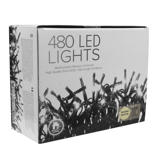 LED Twinkle String Fairy Lights with Controller 48m, 480 5mm Lights, Indoor/Outdoor, 31V Warm White Green Cable