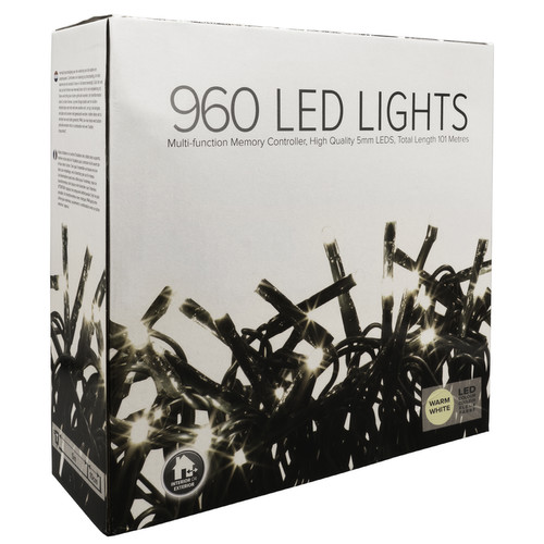 LED Twinkle String Fairy Lights with Controller  96m, 960 5mm Lights, Indoor/Outdoor, 31V Warm White Green Cable
