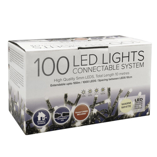 LED Static String Fairy Lights 10m, 100 5mm Lights,  Indoor/Outdoor, 31V Warm White Green Cable