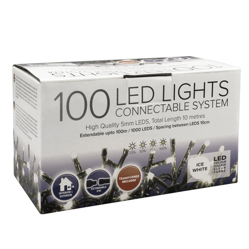 LED String Fairy Lights 10m, 100 5mm Lights,  Indoor/Outdoor, 31V, Power Pack Required Cool White Green Cable