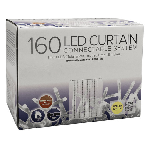 LED Strip Connectable Curtain Lights, 160 Lights, 1m x 1.5m, Indoor/Outdoor, Power Pack Required Warm White Clear Cable