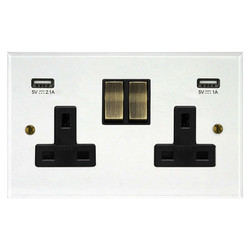 Prism Wall Socket with USB-A+A Chargers 2 gang 13 amp switch socket outlet Clear Perspex / Antique Brass