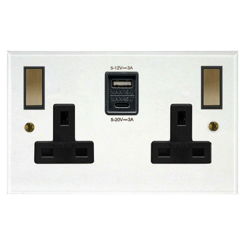Prism Wall Socket with USB-A+A Chargers 2 gang 13 amp switch socket outlet Clear Perspex / Antique Brass