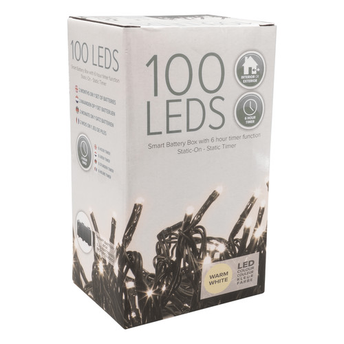 LED Smart Battery 6hr Timer String Fairy Lights 10m, 100 5mm lights Indoor/Outdoor, 31V 3000K Warm White Green Cable