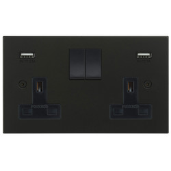 Horizon Square Switched Socket Outlet with USB-A+A Chargers 2 gang 13 amp Black