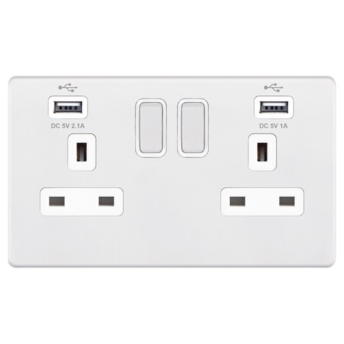 Wall Socket USB-A+A Screwless 2 gang 13 amp switched socket outlet Matt White