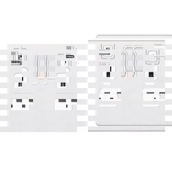 Wall Socket USB-A+C Screwless Matt White 2 gang 13 amp switched socket