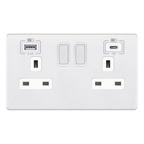 Wall Socket USB-A+C Screwless Matt White 2 gang 13 amp switched socket