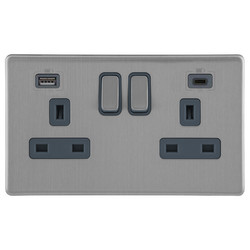Wall Socket USB-A+C Screwless 2 gang 13 amp switched socket Brushed Stainless