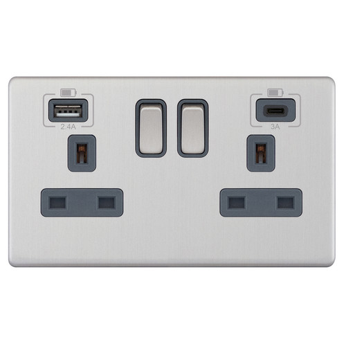 Wall Socket USB-A+C Screwless 2 gang 13 amp switched socket Brushed Stainless
