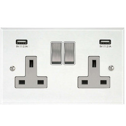 Prism Wall Socket with USB-A+C Chargers 2 gang 13 amp switch socket outlet Clear Perspex / Satin Steel