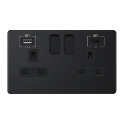 Wall Socket USB-A+C Screwless Matt Black 2 gang 13 amp switched socket