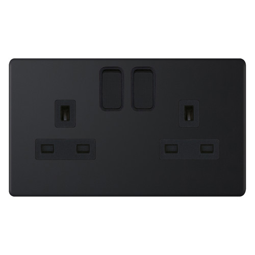 Wall Socket Screwless 2 gang 13 amp switched socket outlet Double Pole Matt Black
