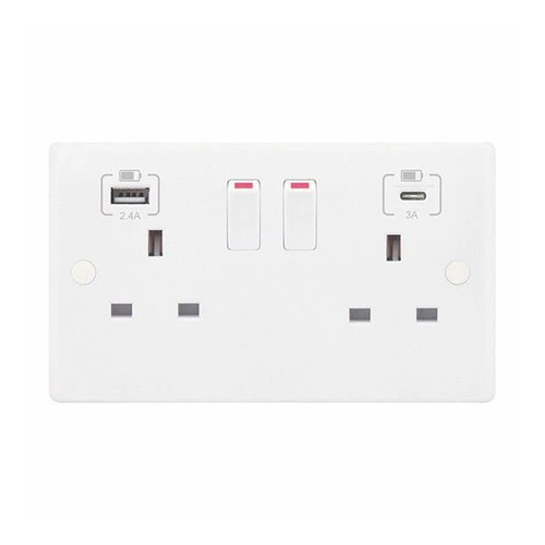 Wall Socket + USB Type C 2 gang 13 amp switched socket + USB White