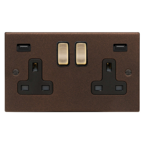 Switch Socket Outlet with USB-A+A Charger 2 gang 13 amp + USB Copper Bronze