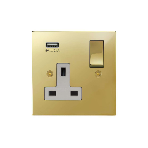 Horizon Square Switched Socket Outlet with USB-A Charger 1 gang 13 amp Polished Brass