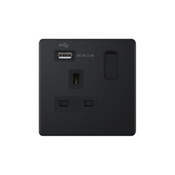 Wall Socket USB-A Screwless 1 gang 13 amp switched socket outlet Matt Black