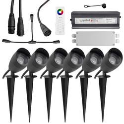 Sub RGBW Hood Anti-Glare Garden Spike Spotlight Remote Kit 24V 6 x 6W RGB + 3000K Warm White Black