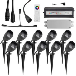Sub RGBW Hood Anti-Glare Garden Spike Spotlight Remote Kit 24V 10 x 6W RGB + 3000K Warm White Black
