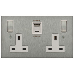 Horizon Square Switched Socket Outlet USB-A+C Charger 2 gang 13 amp Satin Stainless Steel