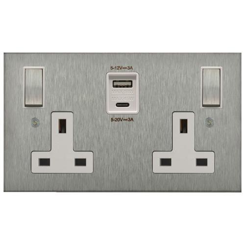 Horizon Square Switched Socket Outlet USB-A+C Charger 2 gang 13 amp Satin Stainless Steel