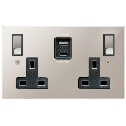 Horizon Square Switched Socket Outlet USB-A+C Charger 2 gang 13 amp Polished Chrome