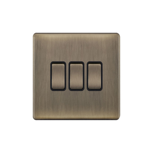 Rocker Switch Screwless 3 gang 10 amp 2 way Antique Brass