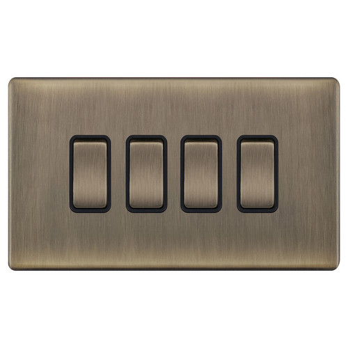 Rocker Switch Screwless 4 gang 10 amp 2 way Antique Brass