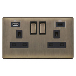Wall Socket  USB-A+C Screwless 2 gang 13 amp switched socket Antique Brass