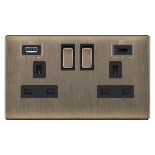 Wall Socket  USB-A+C Screwless 2 gang 13 amp switched socket Antique Brass