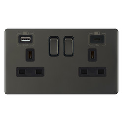 Wall Socket USB-A+C Screwless 2 gang 13 amp switched socket Dark Bronze