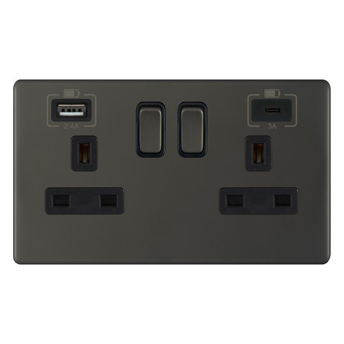 Wall Socket USB-A+C Screwless 2 gang 13 amp switched socket Dark Bronze