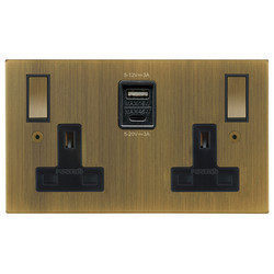 Horizon Square Switched Socket Outlet USB-A+C Charger 2 gang 13 amp Antique Brass