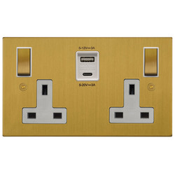 Horizon Square Switched Socket Outlet with USB-A+C Charger 2 gang 13 amp Satin Brass