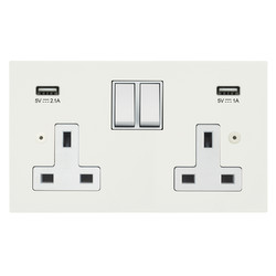 Ambassador Switched Socket Outlet with USB-A+A 2 gang 13 amp Matt White